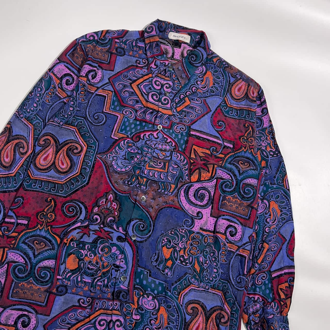 SOZI ソジ エスニック アート デザイン 長袖 レーヨンシャツ 柄シャツ L/マルチカラー メンズ