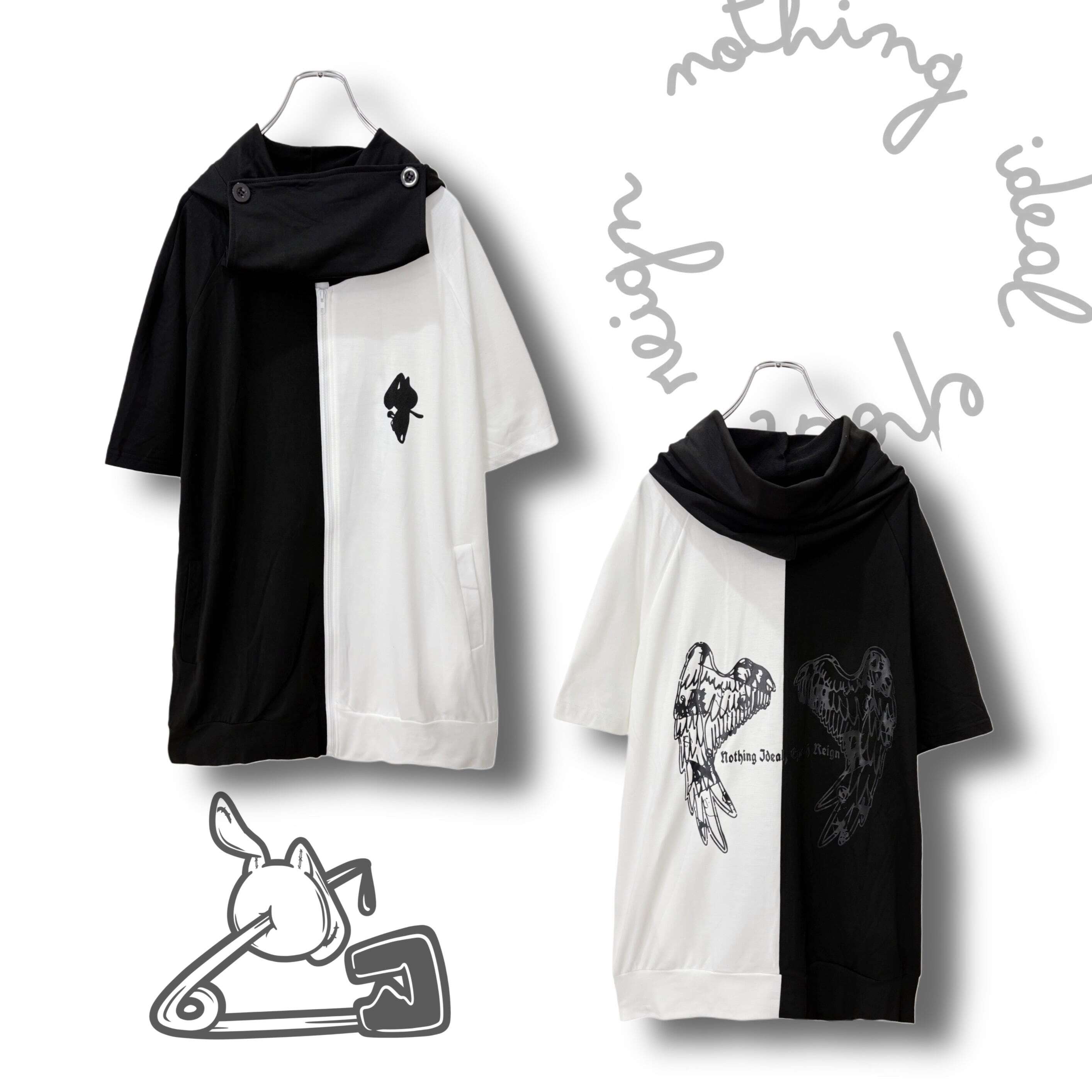 【NieR】LONG LENGTH TWO-TONE ZIP OUTER【WING】  YU0036 ニーア ジップアウター ストリート サブカル 地雷系  ユニセックス