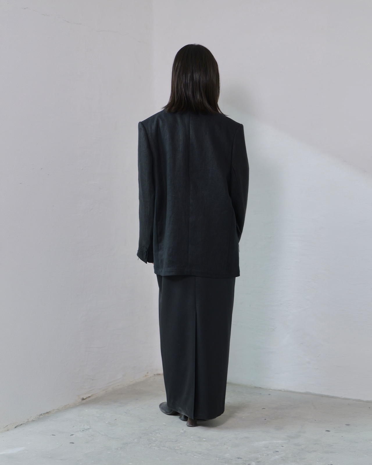 i’m here - GRANDPA Linen Jacket :Black|ダブルブレスト/立体3面ドッキング/“だまし絵”の前立て