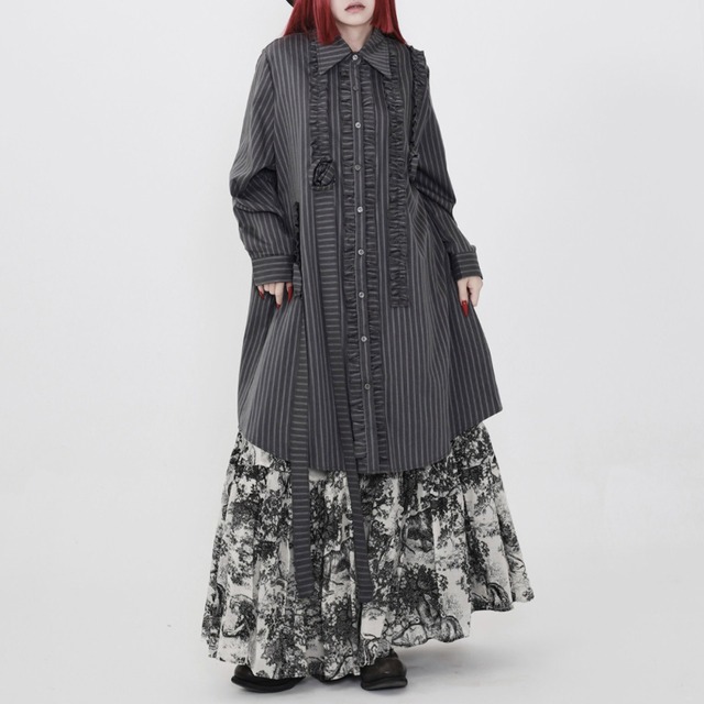 Striped ruffle shirt one-piece C1591