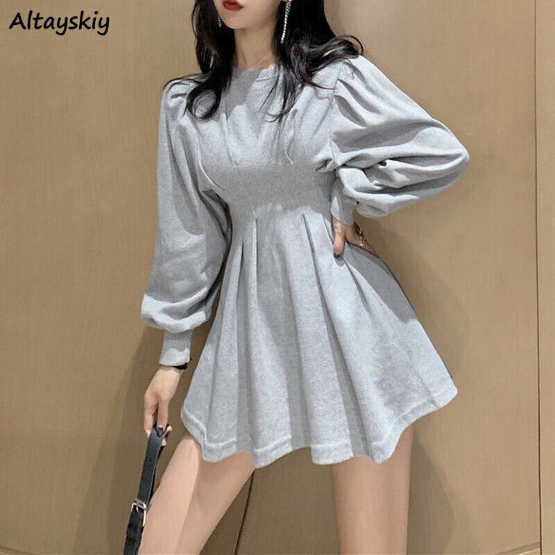 【新作】【送料無料】 女性ミニドレスパフスリーブ固体プリーツ優しい気性ファッション韓国スタイル甘いストリートレジャー A ラインスリムエレガントなホット 0354660453797