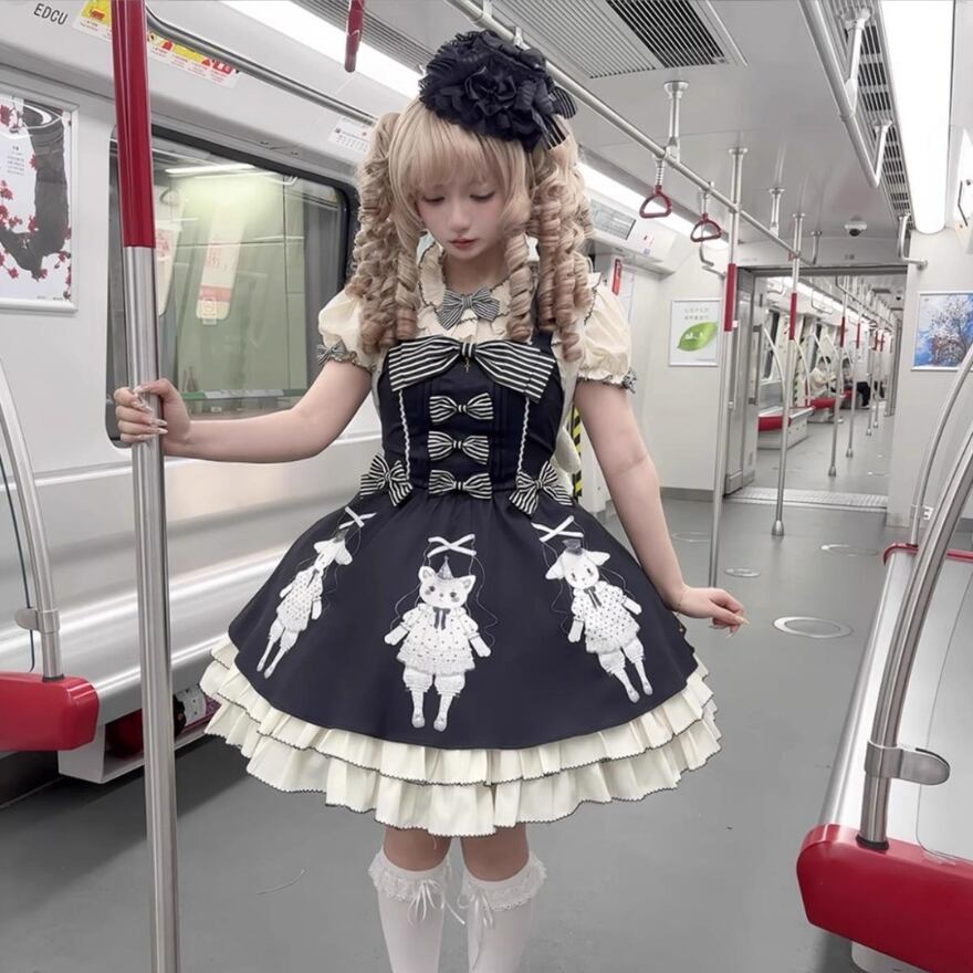 予約販売 半袖ワンピース ビッグカラー 大きめ襟 リボン 子猫 子羊