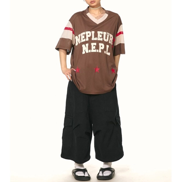 ロゴスタープリントVネックメッシュTシャツ 2col   R02070