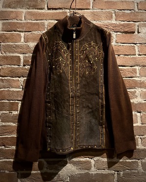 【Caka act3】“BOB MACKIE” Suede Switching × Embroidery Vintage Knit Jacket