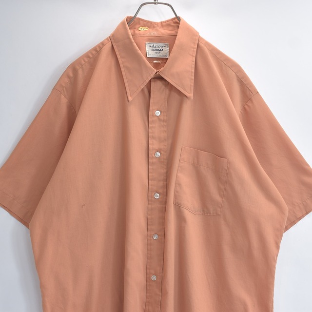 60s 70s Arrow アロー ワイドカラー シングルポケット 半袖 シャツ ライトブラウン USED ヴィンテージ ビンテージ 古着 メンズ XLサイズ相当