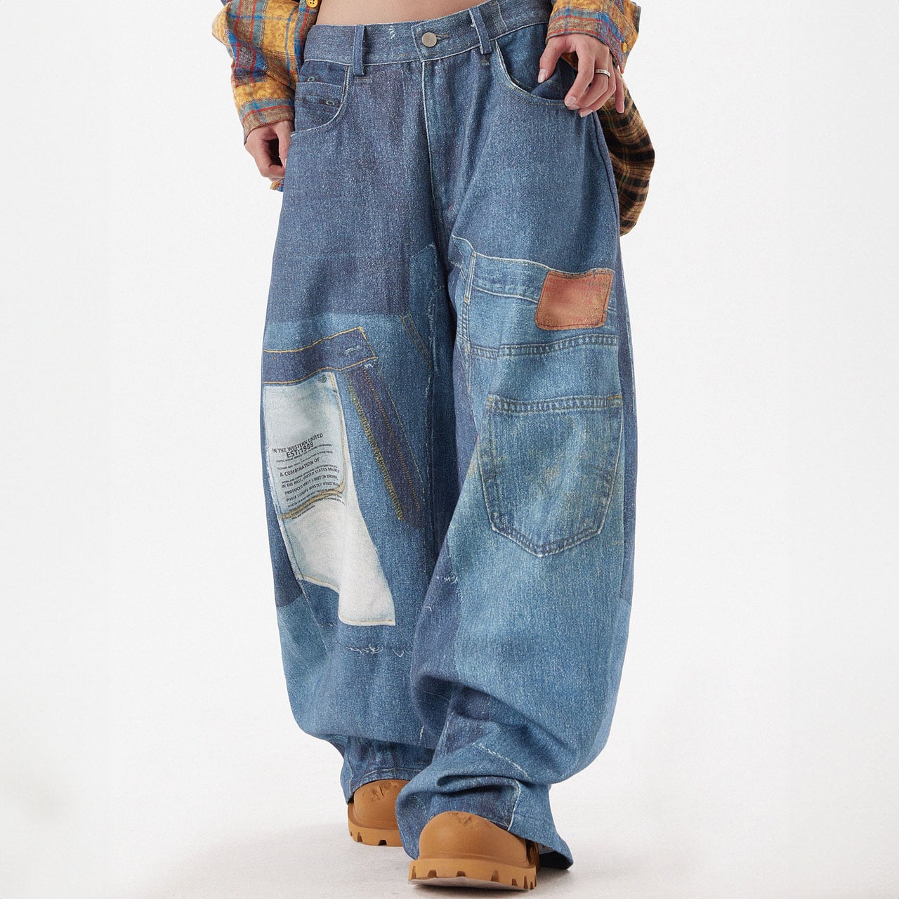 プリントパッチワークルーズデニムパンツ R00664