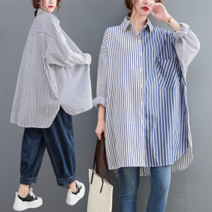 STITCH DESIGN BLUE STRIPE BOYFRIEND SHIRT 1color M-6182