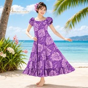 フラダンス 衣装 Maluhia ワンピース ドレス パープル系 ハワイ製 ワントーン フリル モンステラ柄 総柄 シンプル かわいい 華やか 鮮やか 明るい 紫 ハワイアン アロハ ハワイアンプリント フラ ダンス レッスン 練習 フラワンピース