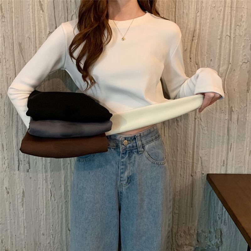 ホワイトスタイルラウンドネックTシャツ シャツ ベルベットスプリングトップス ロング 春物 Oネック スーパーモール92118113353