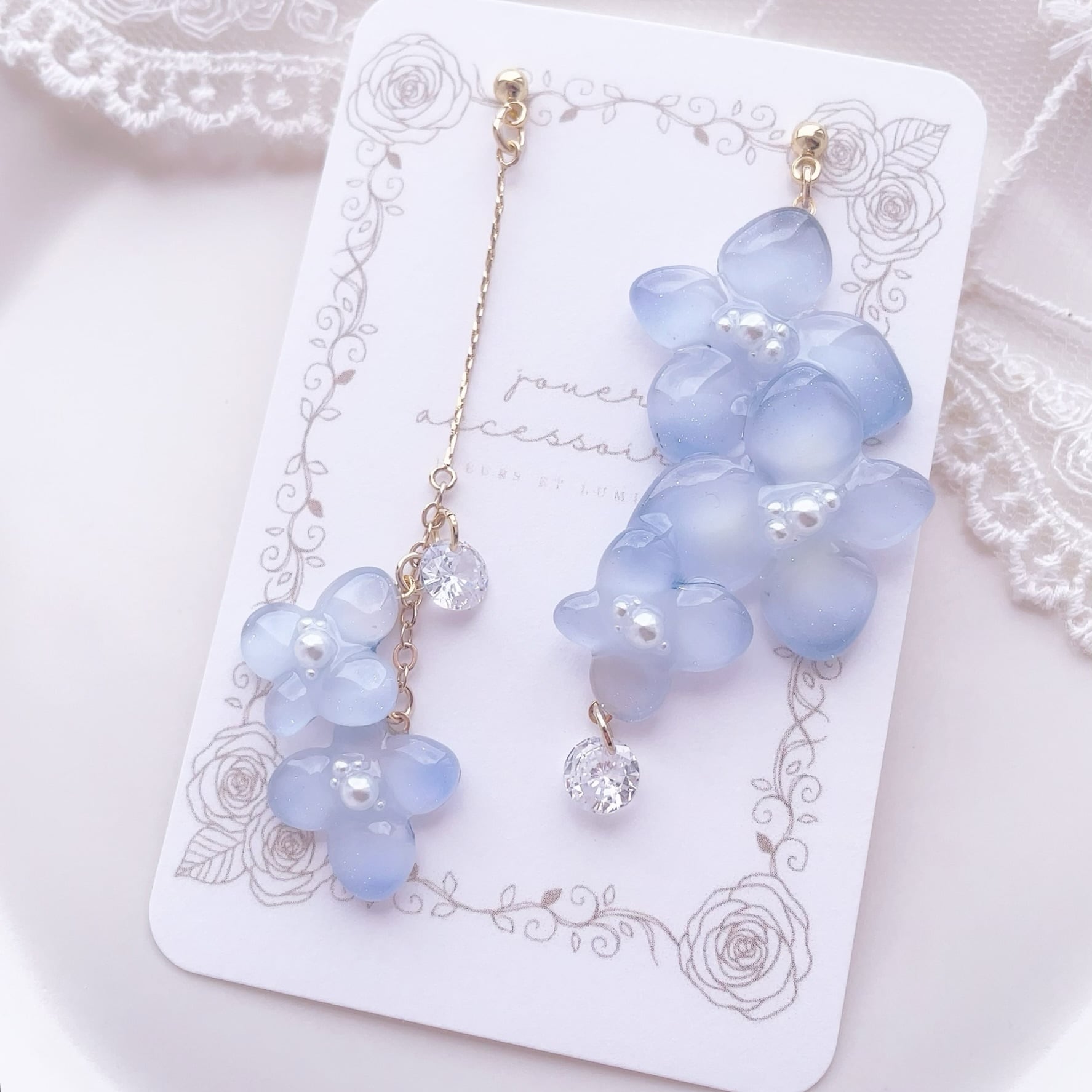 Pluie "プリュイ" 紫陽花とジルコニアのピアス/イヤリング(Raindrop blue)
