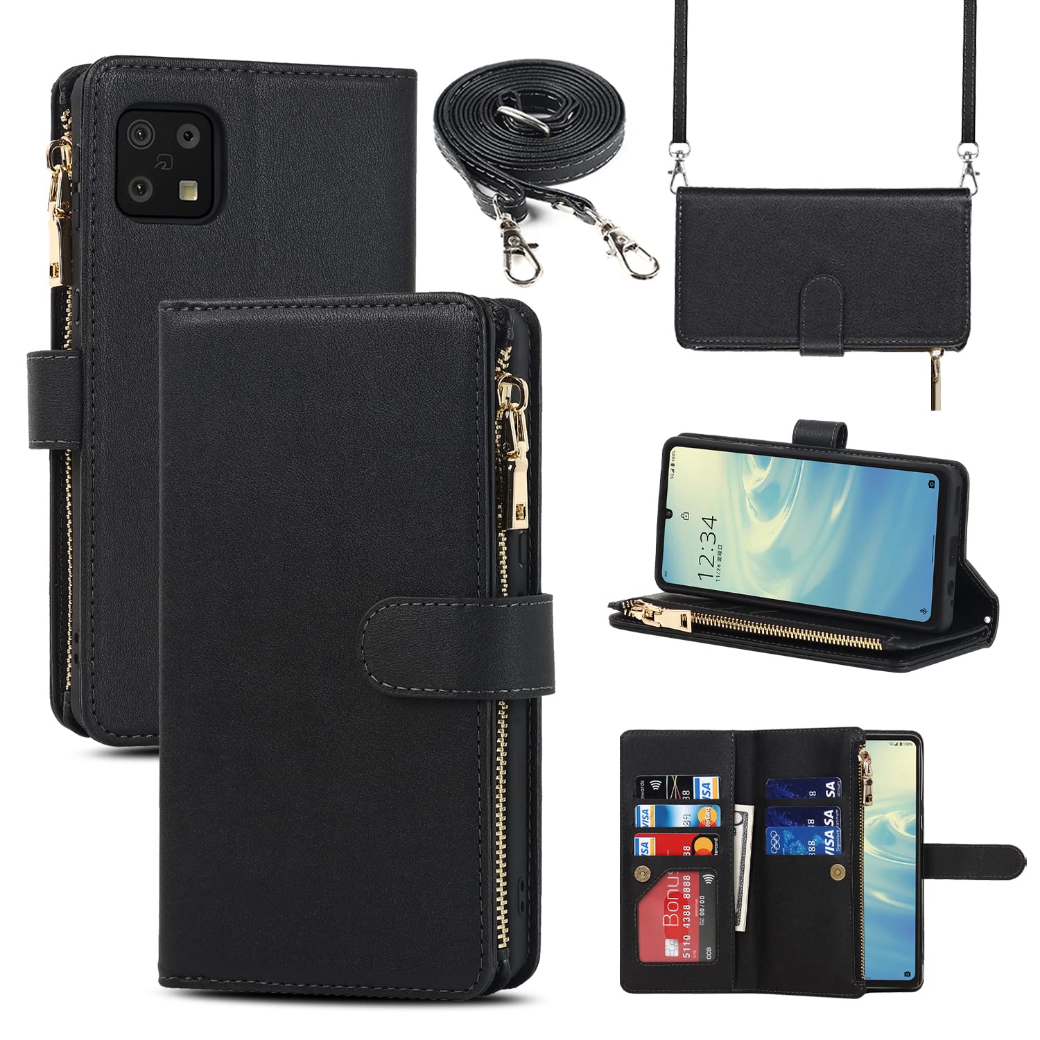 Pelanty for SHARP AQUOS Sense6 縄掛けケース手帳型 SH-54B SHG05 SH-M19 携帯カバー 肩掛け斜めがけ ショルダー 合成皮革+TPU マグネット 財布型カバー ICカード お札入れ小銭入れ大容量 収納ポケット スタンド機能 シャープ アクオス センス6 ストラップ付き 落下防止 耐衝撃 全面保護(肩縄付き-ブラック)