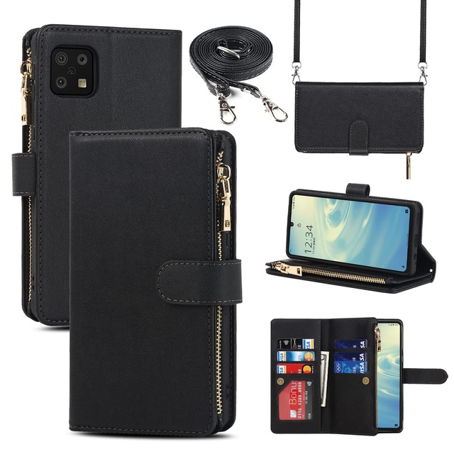 Pelanty for SHARP AQUOS Sense6 縄掛けケース手帳型 SH-54B SHG05 SH-M19 携帯カバー 肩掛け斜めがけ ショルダー 合成皮革+TPU マグネット 財布型カバー ICカード お札入れ小銭入れ大容量 収納ポケット スタンド機能 シャープ アクオス センス6 ストラップ付き 落下防止 耐衝撃 全面保護(肩縄付き-ブラック)