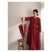 《オーガニックコットン / バグルー村の赤》Mula:working clothカシュクールワンピース　インドの布