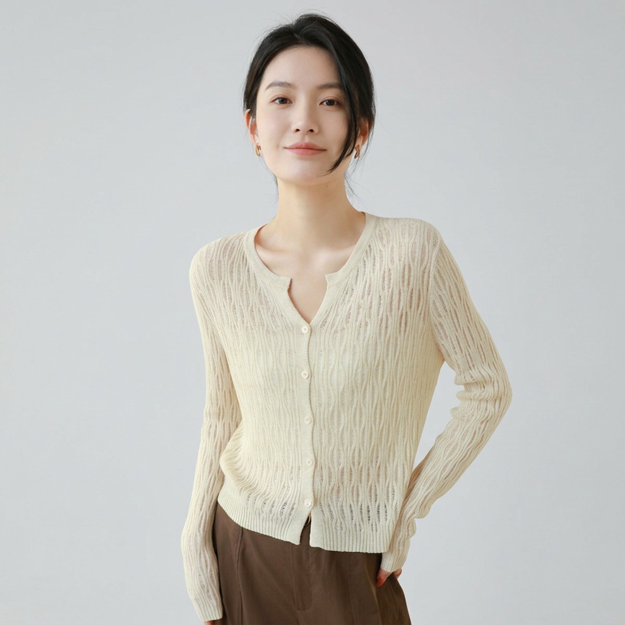 長袖 ボタン ニットカーディガン   6colors  26020・画像2