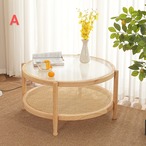 ラタン編み サーキュラーテーブル 丸型 コーヒーテーブル リビングテーブル 天然ラタン 無垢材 北欧風 ナチュラル 2段テーブル 収納棚付き ラウンドテーブル 藤編み ウッドフレーム