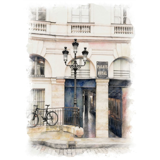 絵画 風景画(街並み) フランス・パリ パレ・ロワイヤルの入口  インテリアアート額付き 水彩画・油絵調 WAT0739
