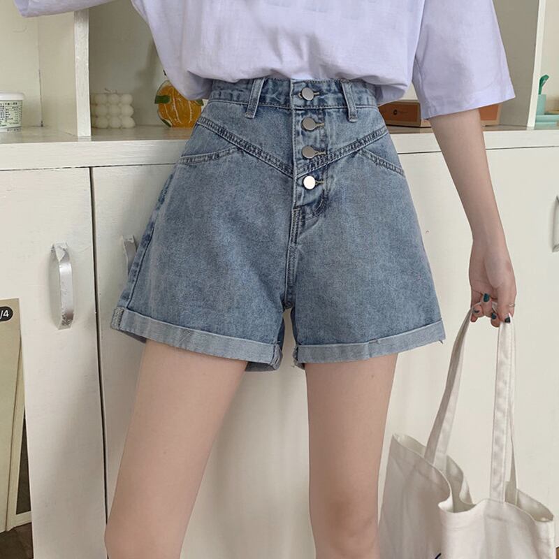 サマージーンズ 薄手パンツ Aラインハイウェストウェストショーツ ルーズ 夏物 ブルマー 試着室8872759943