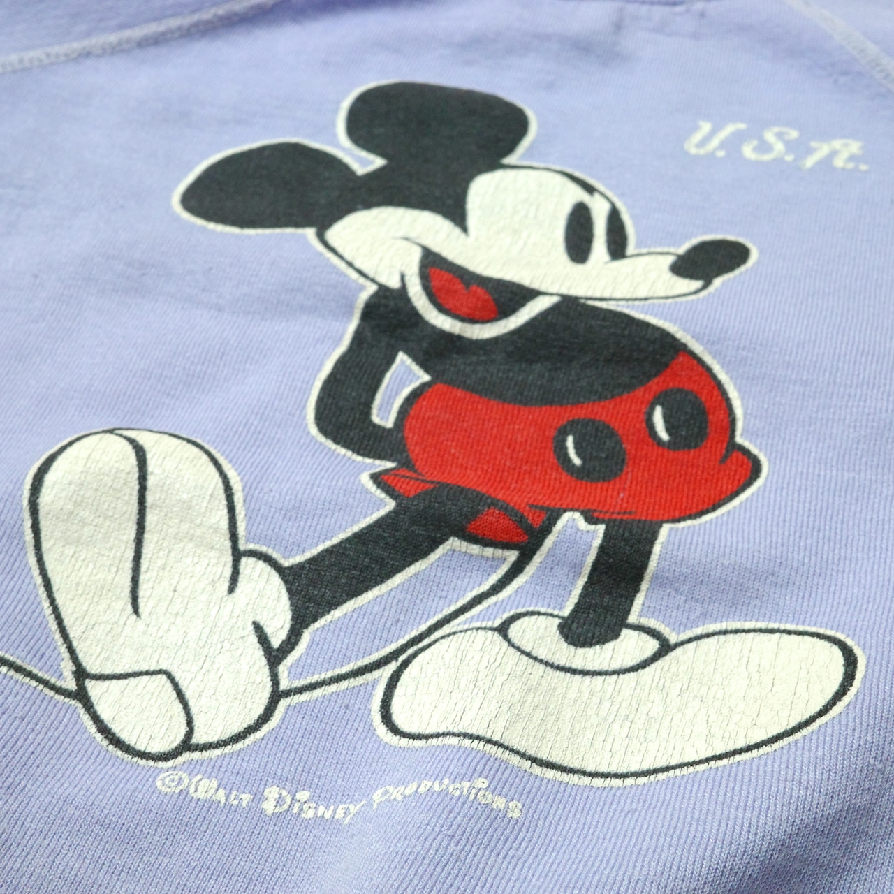 70s~ Disney ミッキーマウス 白足 プリント ラグランスウェット ラベンダー