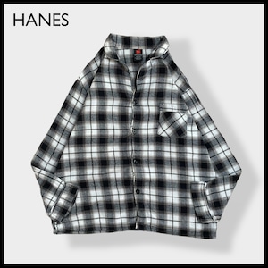 【HANES】XL コットン フランネルシャツ 開襟 ネルシャツ 長袖 チェック柄 カジュアルシャツ ブラック ホワイト ヘインズ US古着