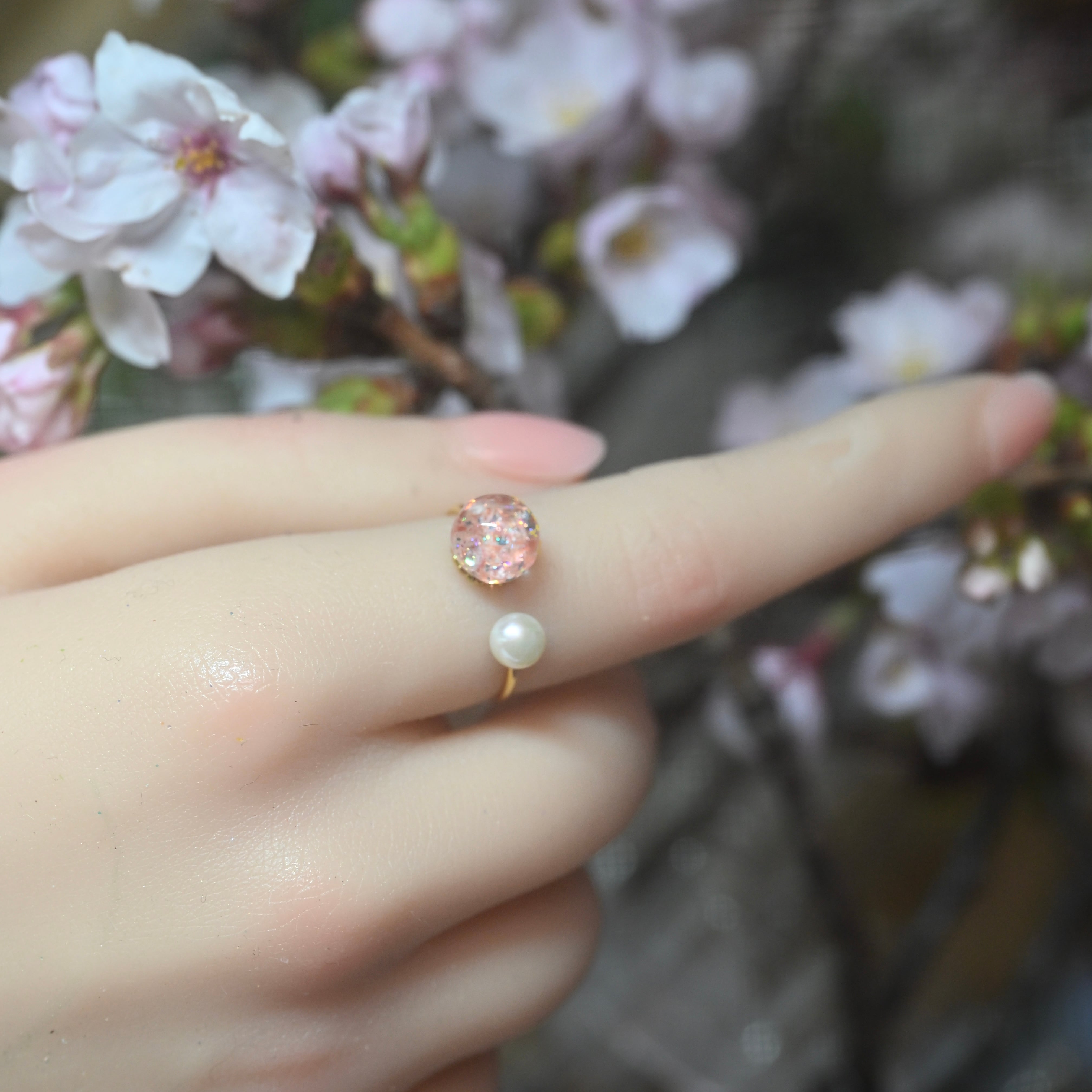 【抽選販売】淡水真珠と「桜」Lumière ring free size