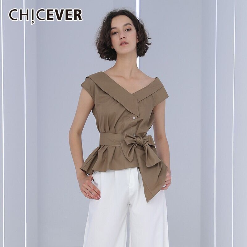 CHICEVERセクシーなオフショルダーブラウス女性シャツトップノースリーブボウ包帯スリム不規則な裾ブラウス夏服 リボン サマー 夏物 6base577045064224