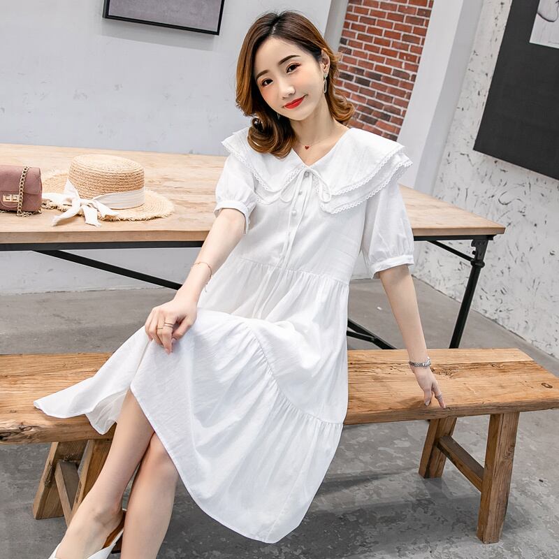 【新作】【送料無料】 プラスサイズ妊婦看護服ホワイトショートランタンスリーブダブルレイヤーピーターパンカラーマタニティ母乳育児ドレス 大きめサイズ AL expec331978957690