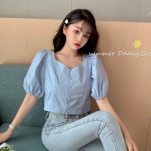【韓国通販 dgo】ランタンスリーブ Vネック シャツ 女性 2020年 夏 スカイブルー 落ち着きシャツコーデ（A1247）