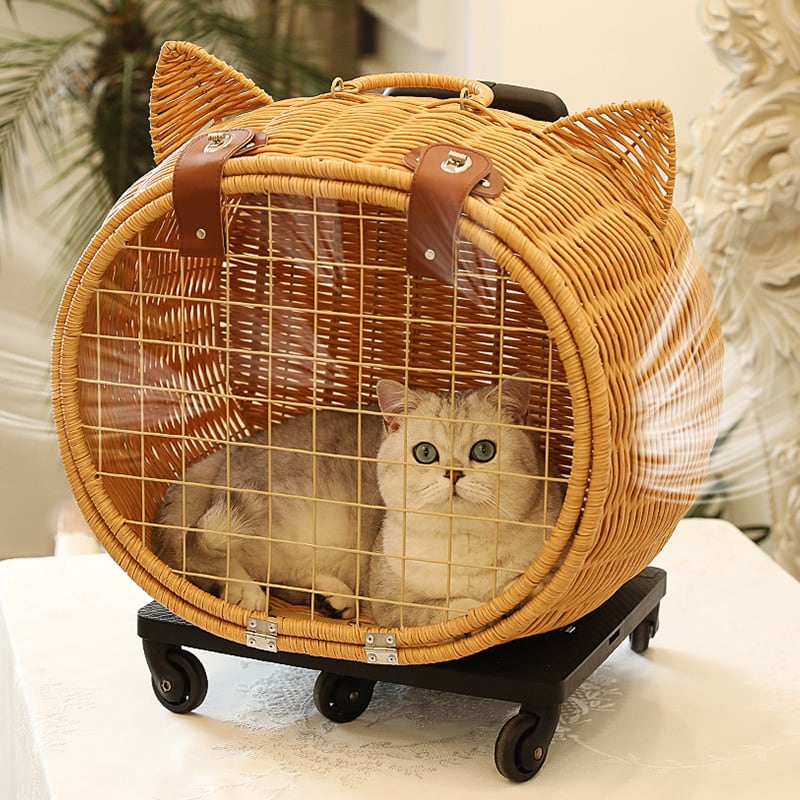 可愛い！ポータブルキャスター付きキャリーバッグ（猫型ラタン