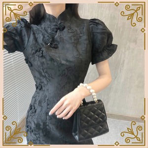 ♦パフスリーブブラックチャイナドレス♦trnd440
