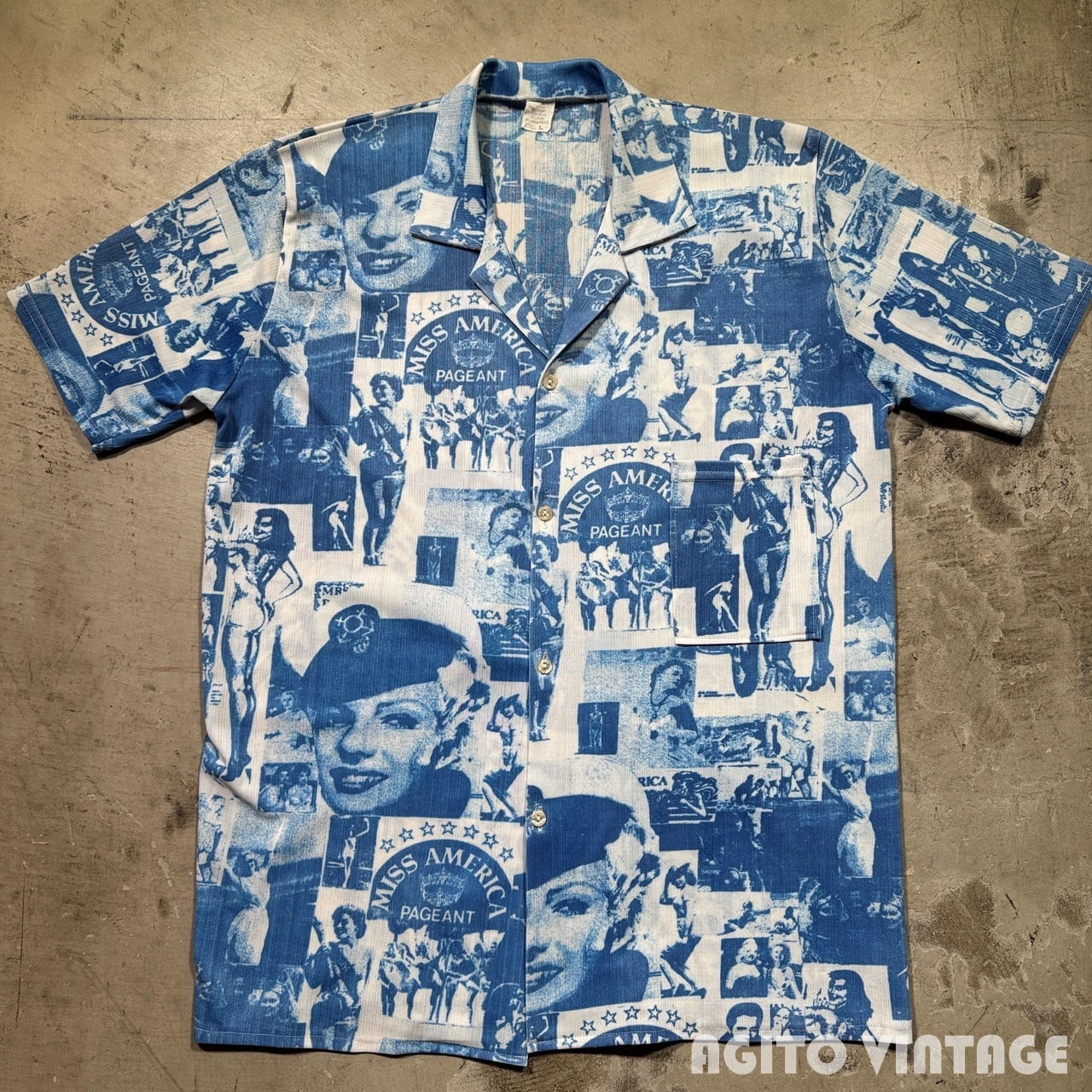 70's~ Unknown S/S コラージュアートシャツ 1950'sアメリカンカルチャー柄 マリリン・モンロー エルヴィス・プレスリー ポリエステル M~L相当 希少 ヴィンテージ BA-2972 RM3393H