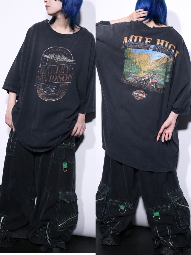 "Harley-Davidson" 墨黒 XXXXL super over silhouette front and back print tee