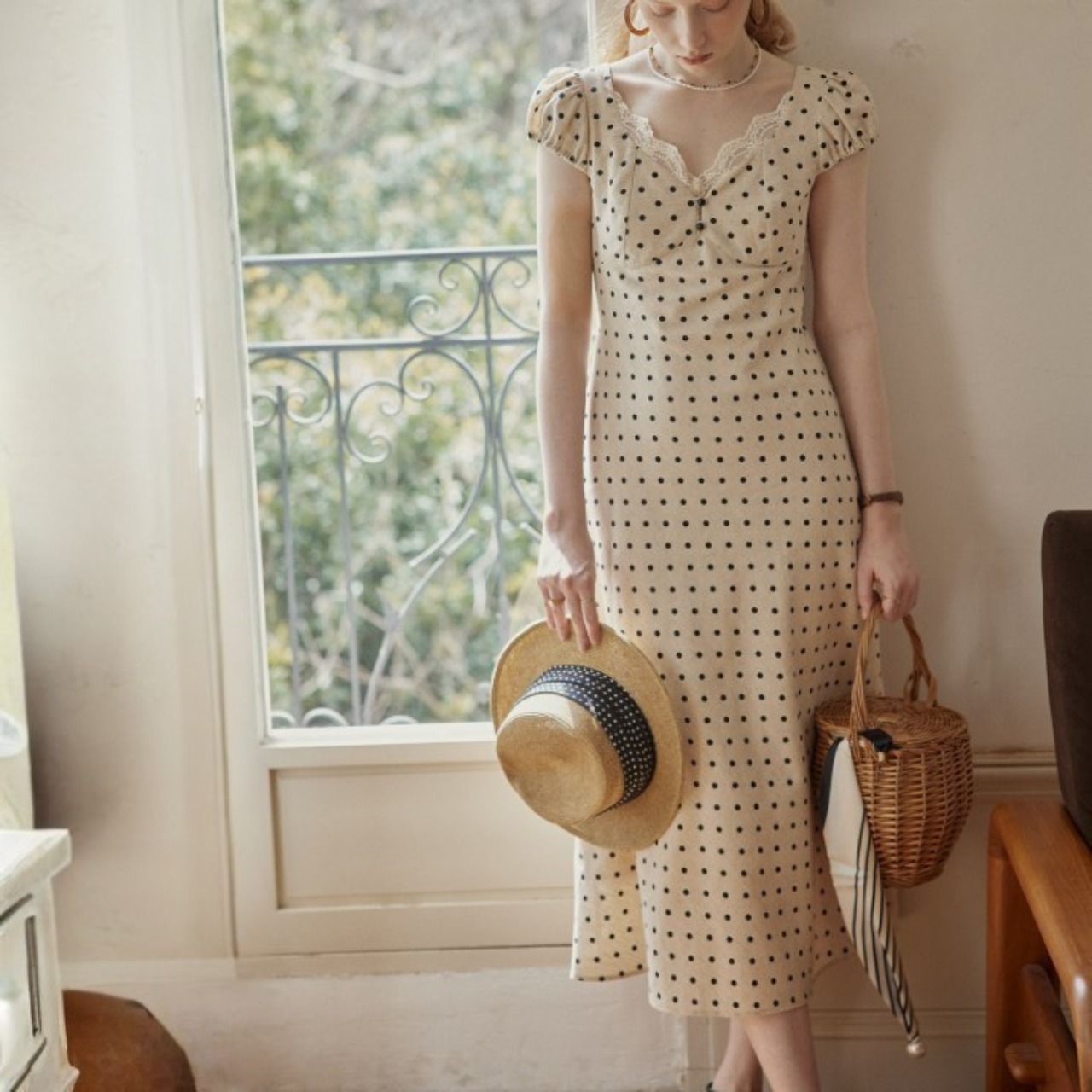 Écru Dot Lace Trim Dress F0667