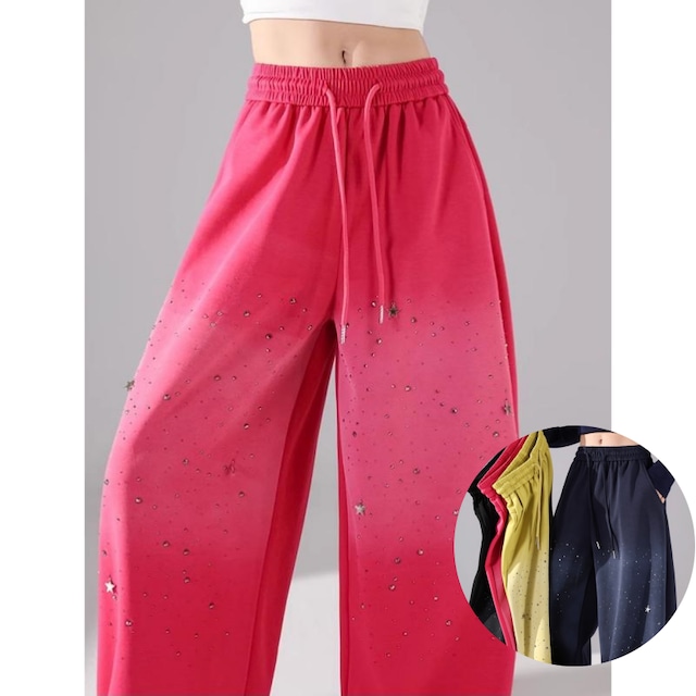 ❀高腰で脚長効果 MAX！【Seanova77シリーズ】★ズボン★ 4color ボトムス 星空デザイン ワイドパンツ レディース グラデーション ピンク イエロー