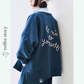 ゆるく可愛い:ガーリーリボン刺繍のインディゴブルースウェット i0463