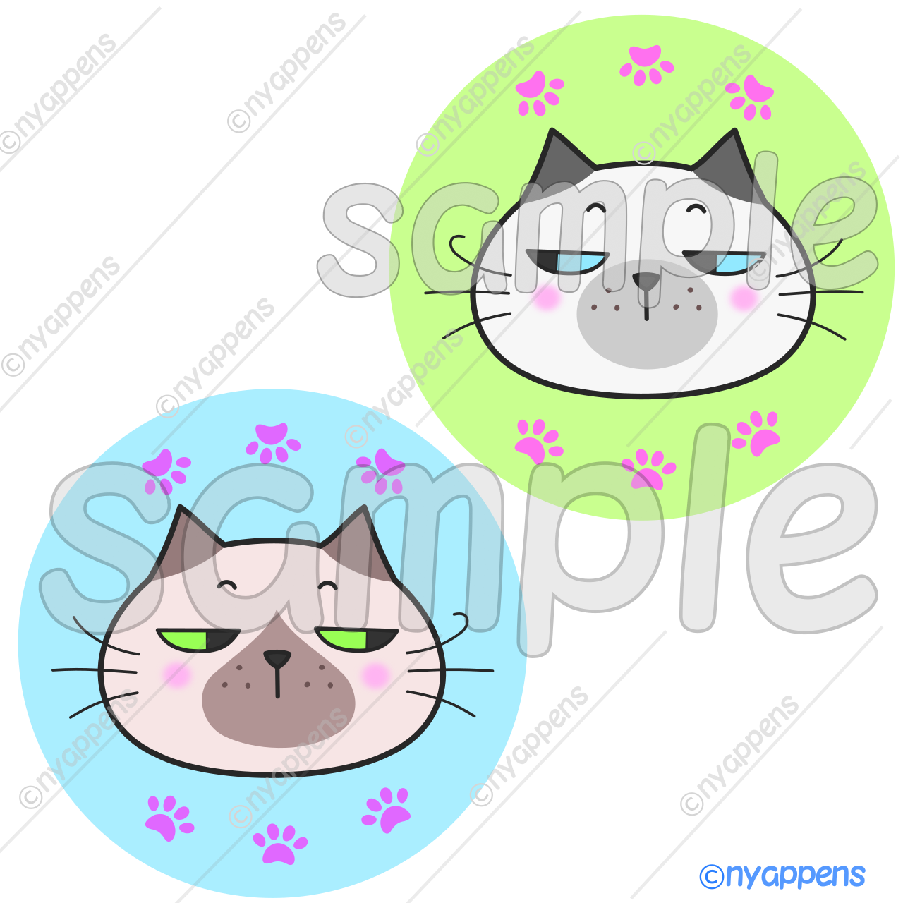 【商用利用OK】猫イラスト(ヒゲまる/全20種類セット)シールやアイコン、素材に!