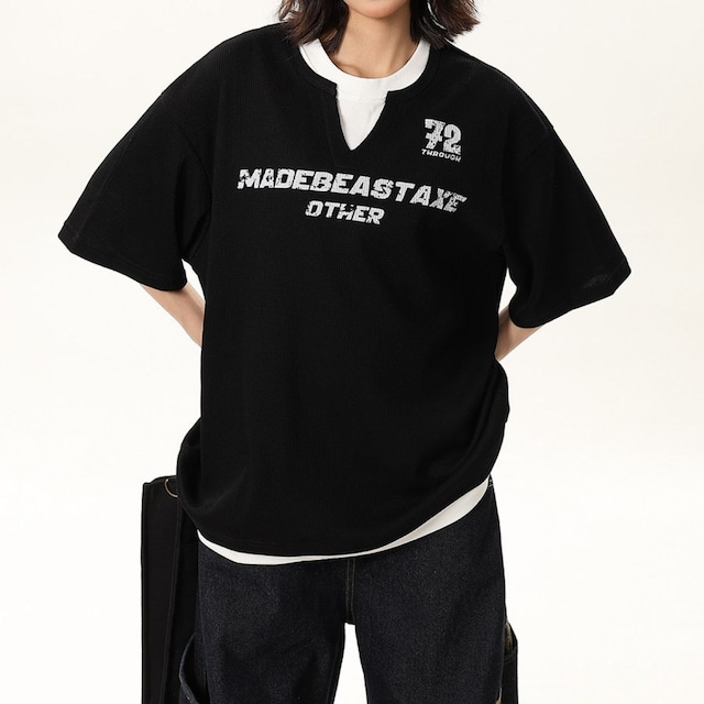 ナンバリングロゴスリットレイヤードTシャツ 2col   R01757