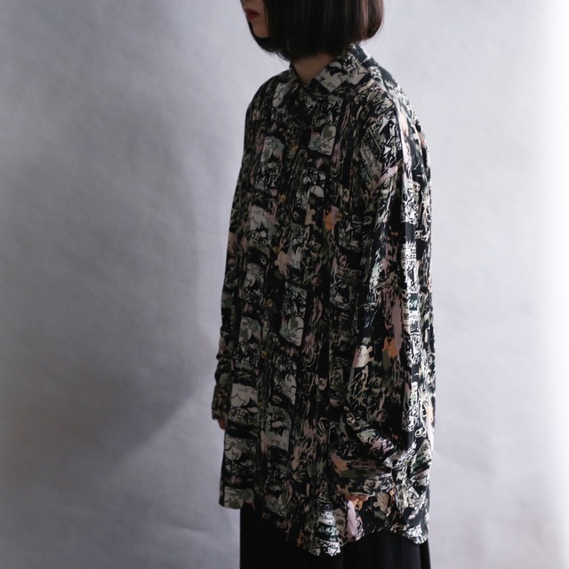 black base art pattern l/s rayon big shirt