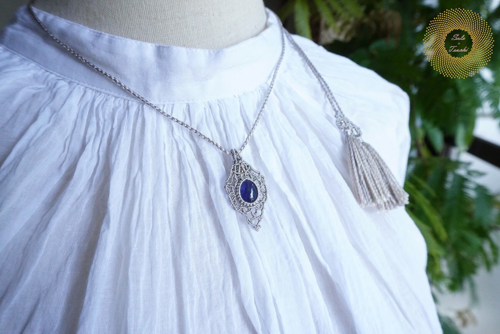 絹糸） アイオライトのマクラメ編みペンダント 〜Tag〜 | Sola*Tsuchi