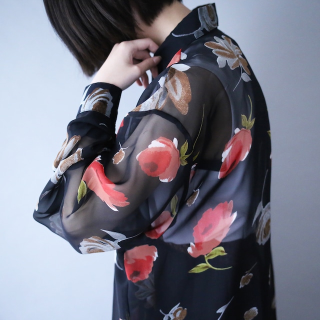 flower art pattern loose black see-through shirt