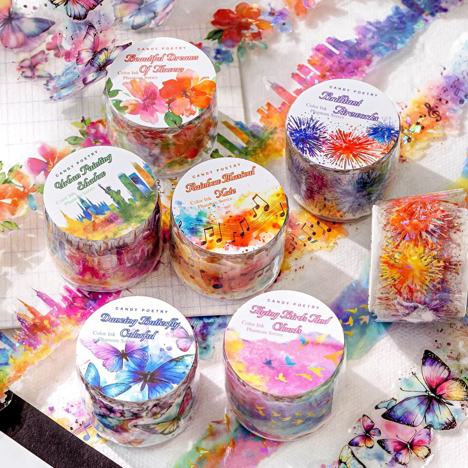 マスキングテープ】コラージュ素材 手帳デコ 水彩風 PETテープ シェル