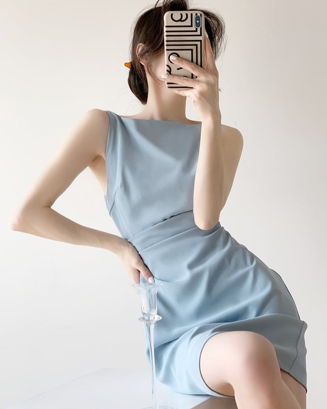 ボートネックウエストタックワンピース　S24369