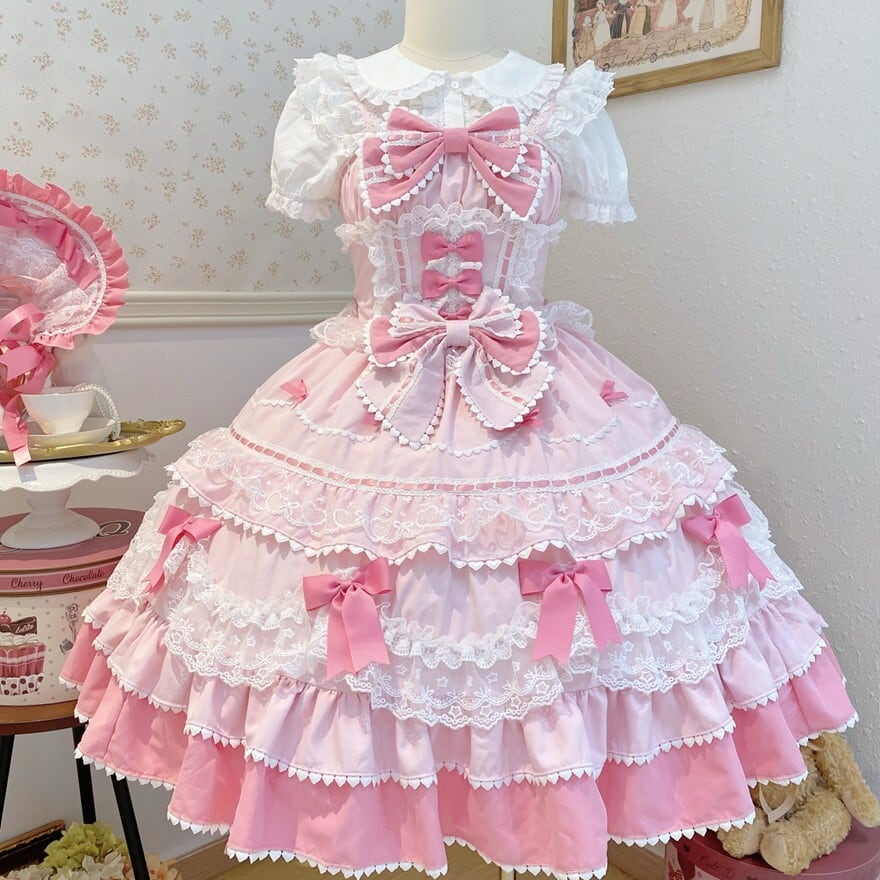 甘ロリ JSK レース×編み上げ ピンク×グリーン 4色展開｜WithU