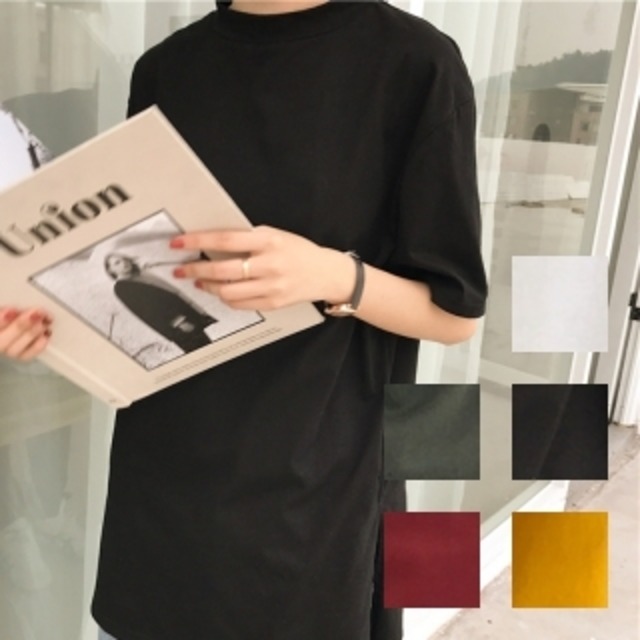 シンプル デザイン 五分丈 サイドスリット Tシャツ FKOM8610