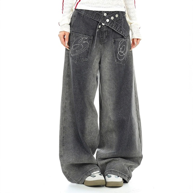 クロスベルトレタリングポケットワイドデニムパンツ 2col   R02624