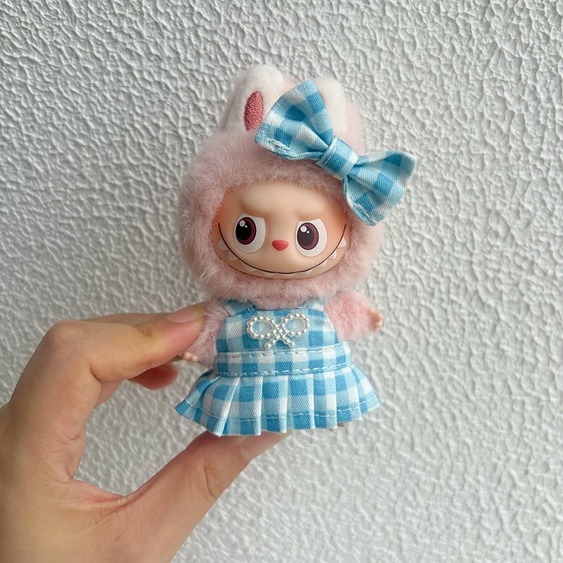 らぶ　ぬい　チェック　衣装 Labubu四代対応 パールリボン付きチェック ワンピース ＋ヘアアクセ
