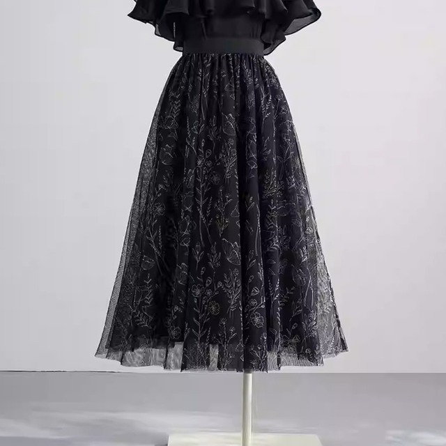 High waist elegant mesh stitch floral fairy skirt