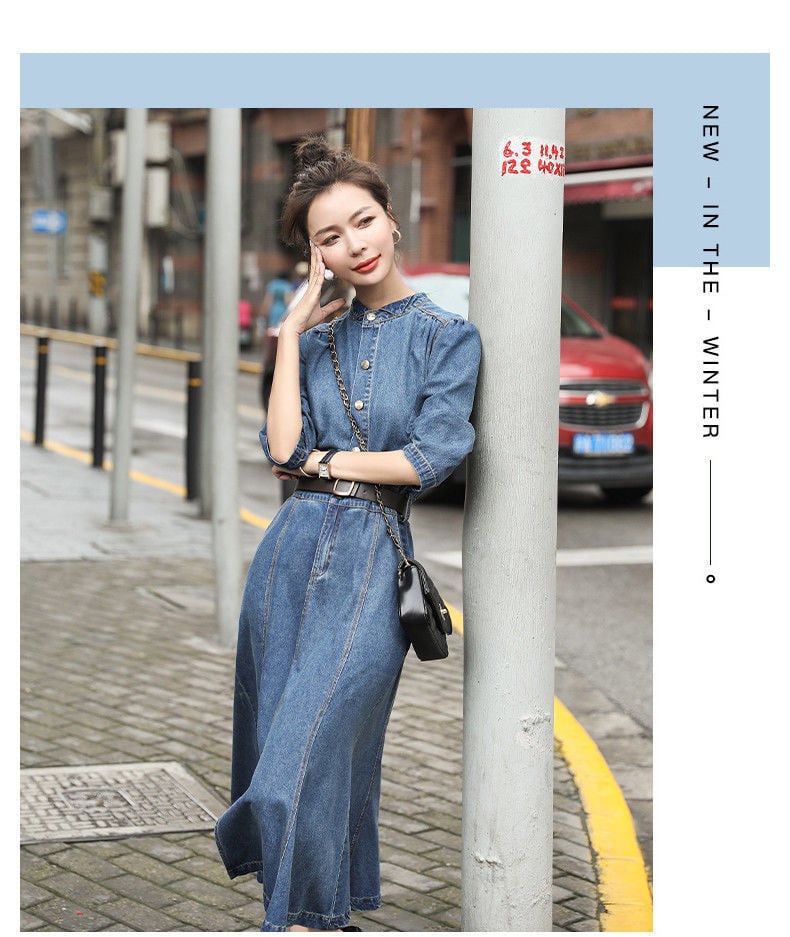 dress】気質あふれデニムワンピースベルト付きスリット dress】気質あふれデニムワンピースベルト付きスリット