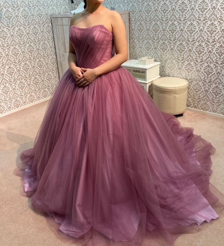 カラードレス ピンク紫 ベアトップ ソフトチュール 憧れのドレス 绮丽  