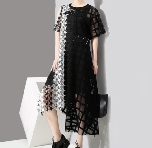 Top Mode ワンピース シースルーレースワンピース 透け 重ね着 レイヤード ロングワンピ レースワンピ 半袖 透け素材 オールレース ロングレースワンピ 春夏秋 かわいい おしゃれ セクシー ニッチ ハイストリート ゆったり ブラック 黒 オーバーサイズ 個性的 代 30代