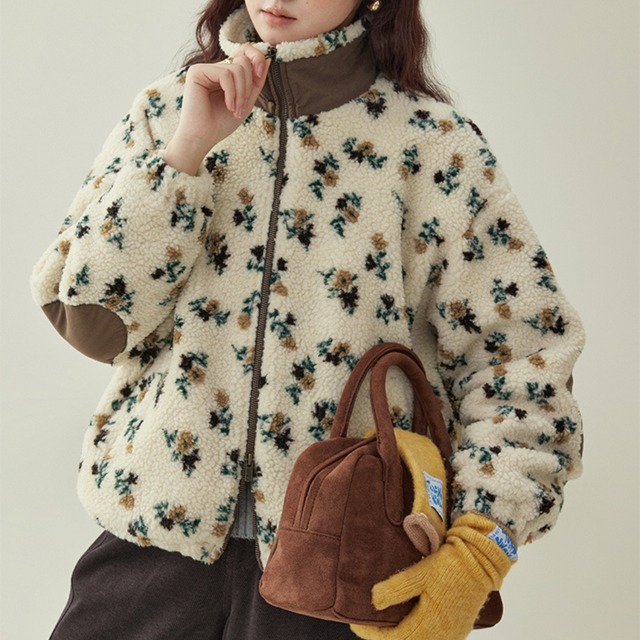 floral fleece stand collar jacket